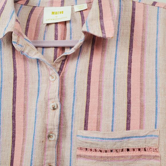 MAEVE (ANTHRO) | Lida Linen Blend | Pink/Blue | Half Button Shirt | Size Large - Picture 4 of 9
